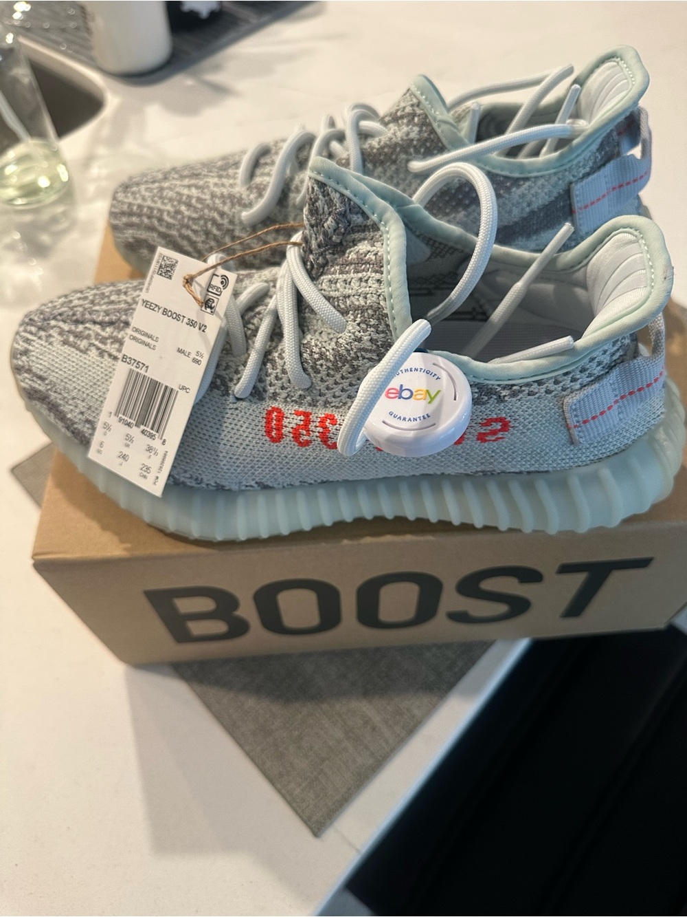 adidas Yeezy Boost 350 V2 Ice Blue with Red Script